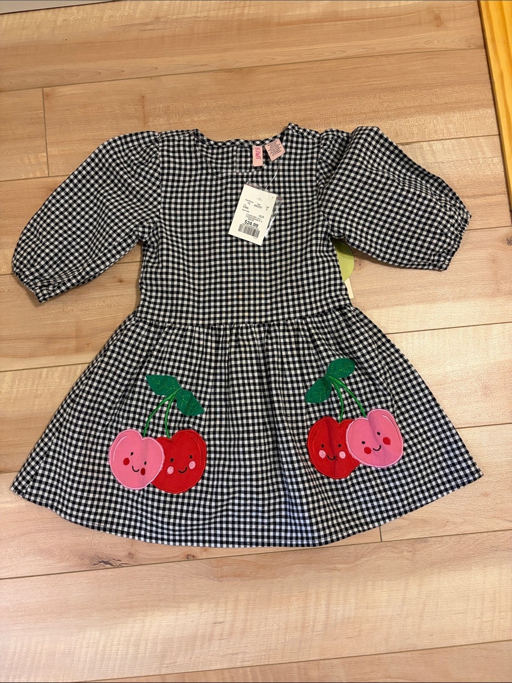 Girls Black & White Gingham Cherry Patch Dress